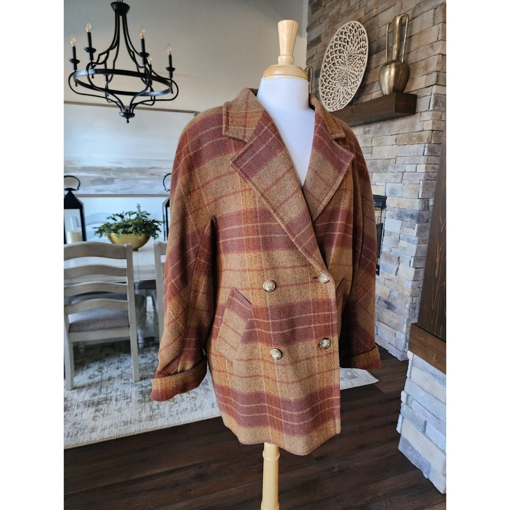 St Michael Vintage 100% Pure New Wool Plaid Tartan Double‎ Breasted Blazer Coat